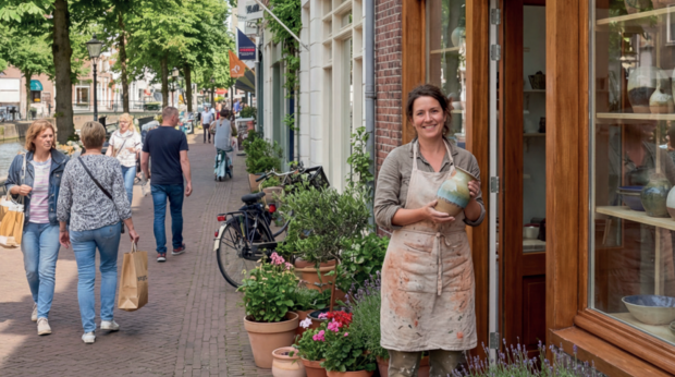 Pottenbakatelier in een winkelstraat