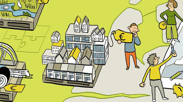 illustraties van poppetjes bij gebouwen met prijskaartjes