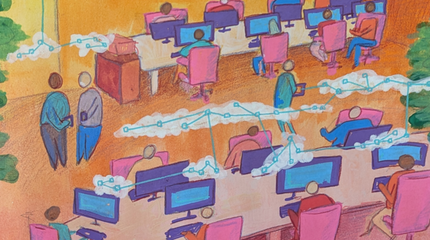illustratie van medewerkers achter computers , boven de schermen zweven netwerken