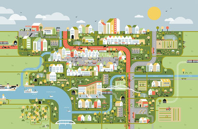 Illustratie; bovenaanzicht van een stad met allerlei gebouwen en faciliteiten.