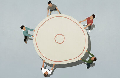 Vijf poppetjes houden een vangnet vast