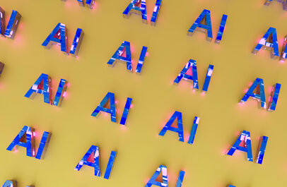 Gele achtergrond met herhaaldelijk de letters "AI"