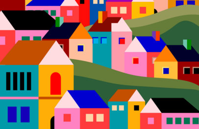 Illustratie met veel kleurrijke huisjes