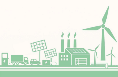 Illustratie van ladende auto's, zonnepanelen, windmolens en industrie