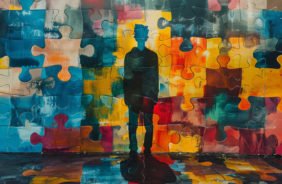Gekleurde puzzelstukken, daarover valt een schaduw van een figuur