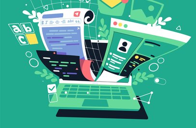 Illustratie van een laptop waaruit verschillende nieuwsberichten springen