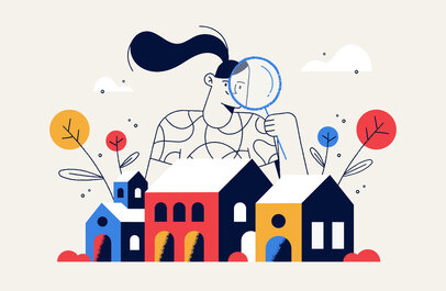 Illustratie: figuurtje kijkt met vergrootglas naar verschillende typen woningen