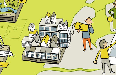 illustraties van poppetjes bij gebouwen met prijskaartjes