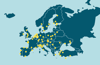 Kaart van Europa, deelnemers bevragen met stippen aangegeven