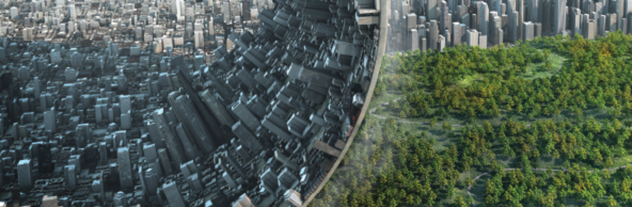 Stadse bebouwing wordt als een lap weggetrokken, eronder verschijnt groen