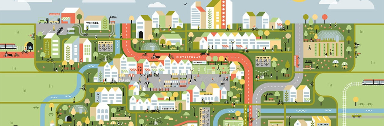 Illustratie; bovenaanzicht van een stad met allerlei gebouwen en faciliteiten.