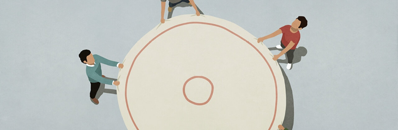 Vijf poppetjes houden een vangnet vast