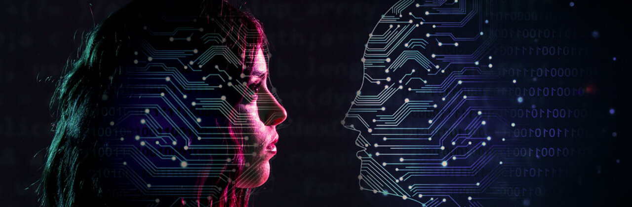 Beeld van een vrouw (en profil) en haar evenbeeld, bestaande uit datapunten