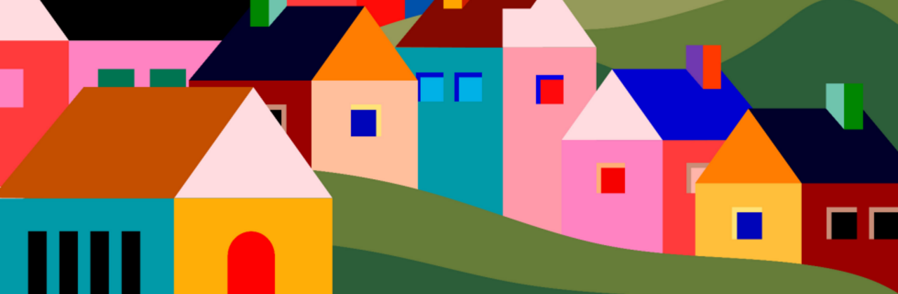 Illustratie met veel kleurrijke huisjes