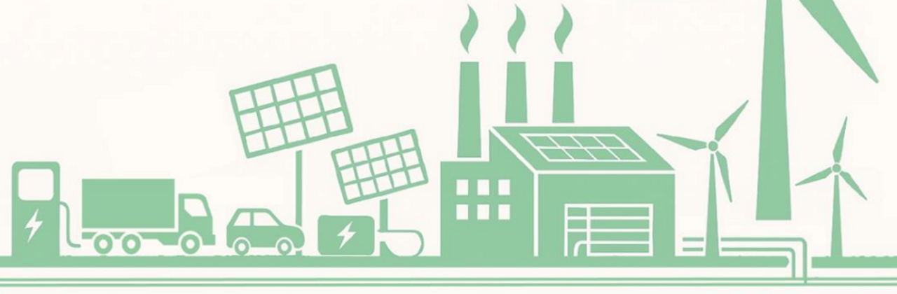 Illustratie van ladende auto's, zonnepanelen, windmolens en industrie