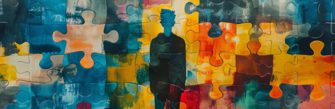 Gekleurde puzzelstukken, daarover valt een schaduw van een figuur