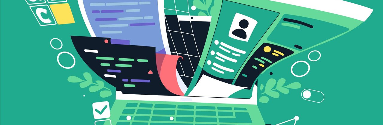 Illustratie van een laptop waaruit verschillende nieuwsberichten springen