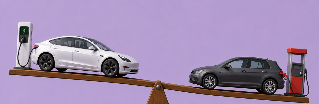 Wipwap met aan de ene kant een elektrische wagen, aan de andere kant een benzine-auto