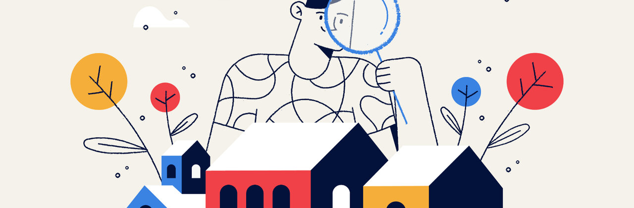 Illustratie: figuurtje kijkt met vergrootglas naar verschillende typen woningen