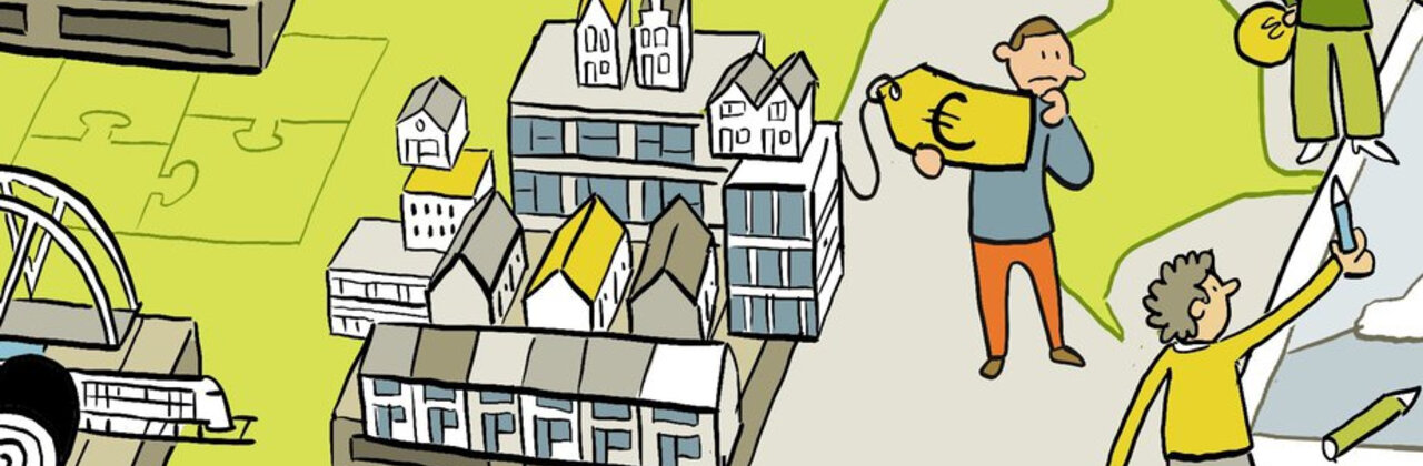 illustraties van poppetjes bij gebouwen met prijskaartjes