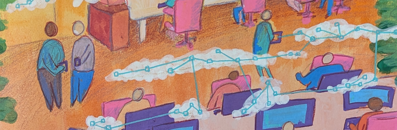 illustratie van medewerkers achter computers , boven de schermen zweven netwerken