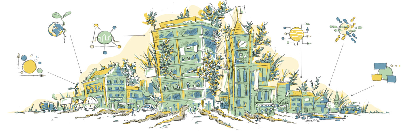 Illustratie van een levendige stad in de zon