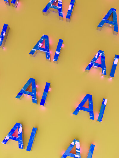 Gele achtergrond met herhaaldelijk de letters "AI"