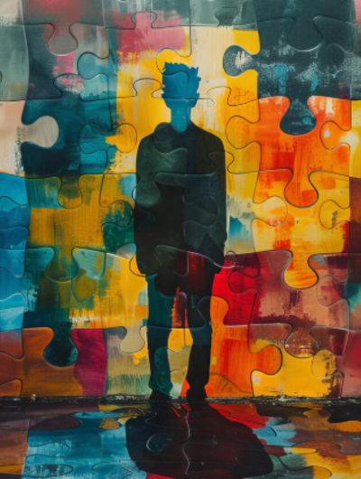 Gekleurde puzzelstukken, daarover valt een schaduw van een figuur