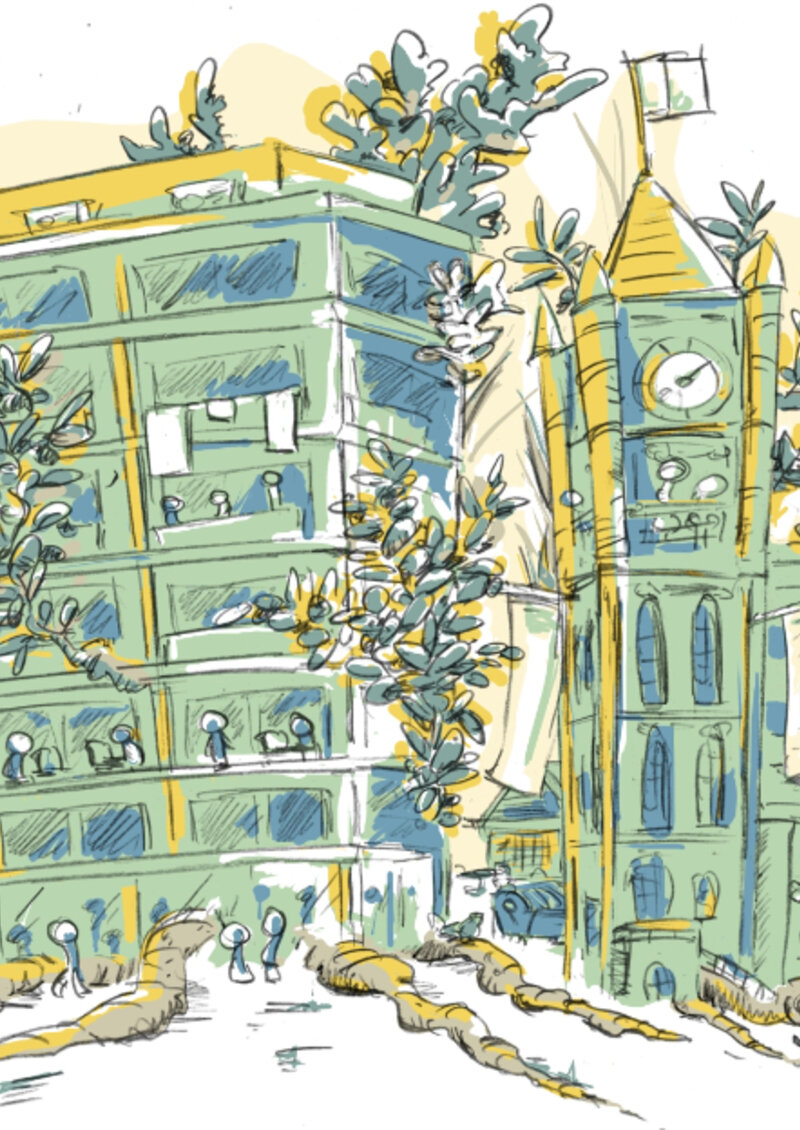 Illustratie van een levendige stad in de zon