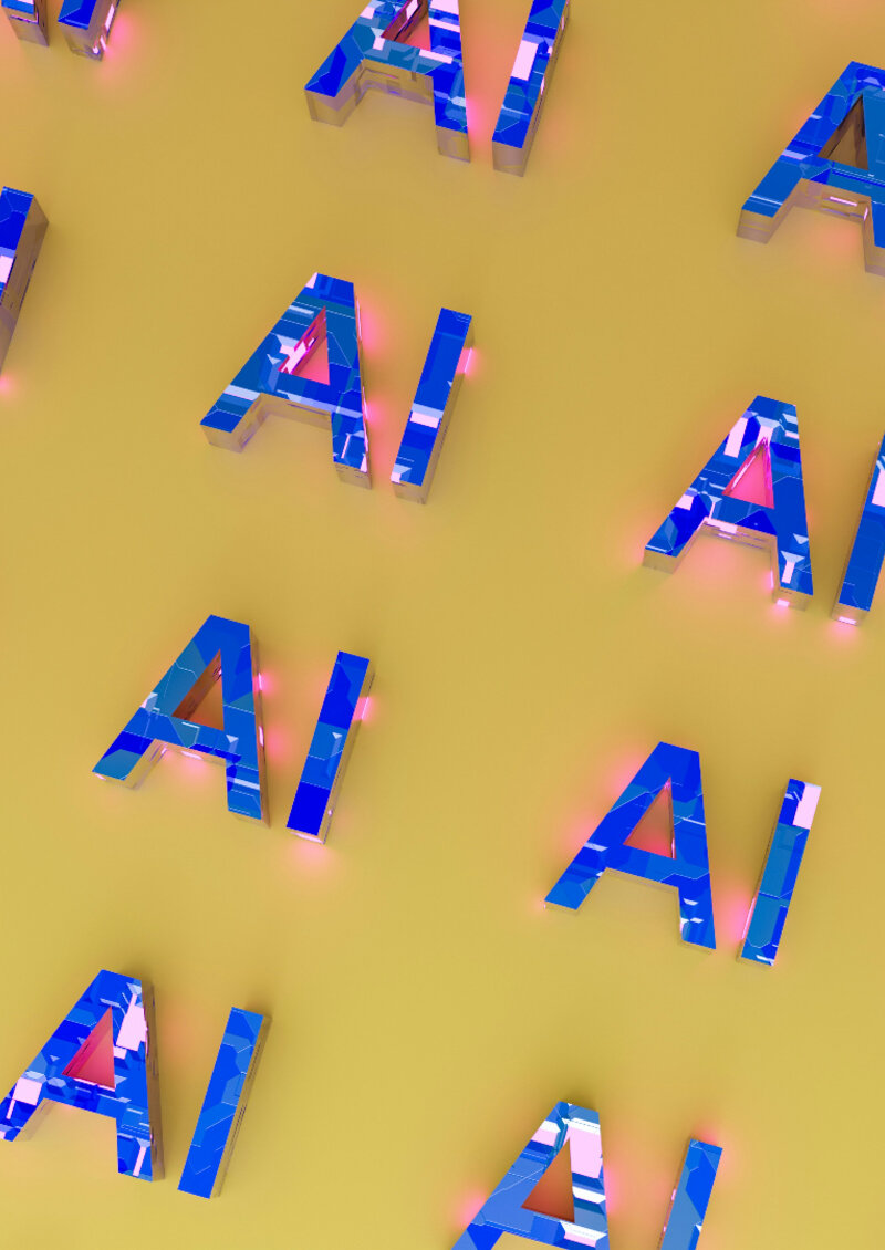 Gele achtergrond met herhaaldelijk de letters "AI"